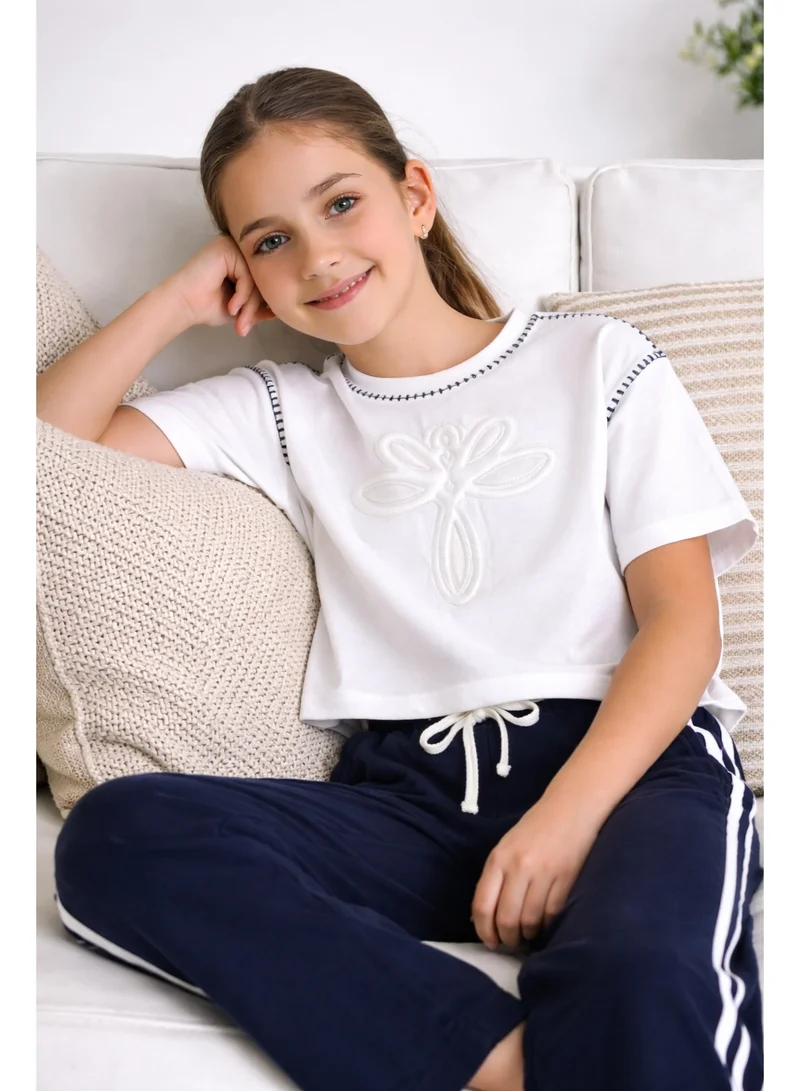 Victor And Jane  Girls 2 Pc Set Classy Embossed Top & Pants Set – White & Navy for Women | Best Price UAE